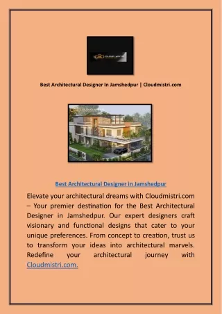 Best Architectural Designer In Jamshedpur | Cloudmistri.com