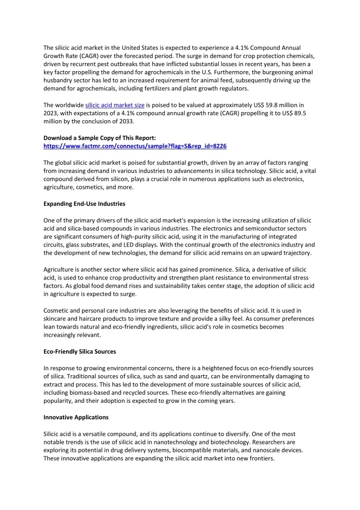 the silicic acid market in the united states