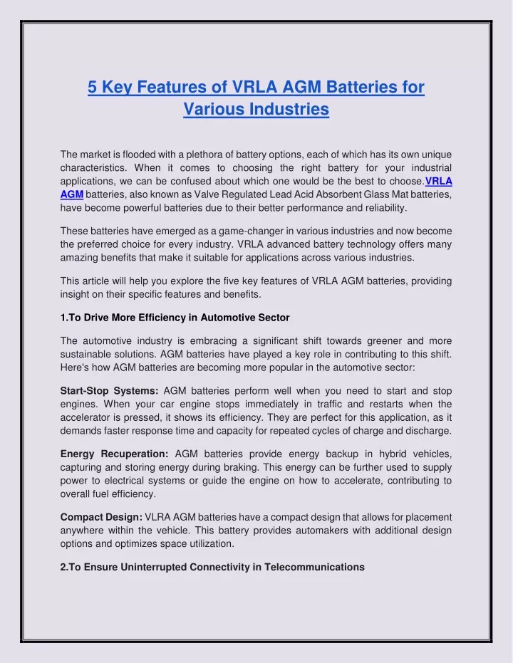 5 key features of vrla agm batteries for various