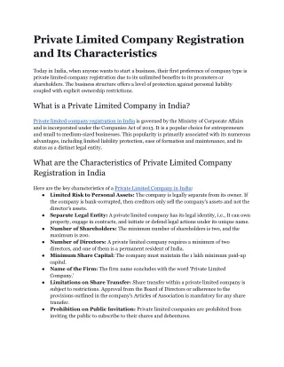 Private Limited Company Registration and Its Characteristics