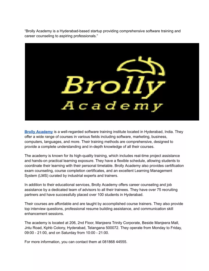 brolly academy is a hyderabad based startup