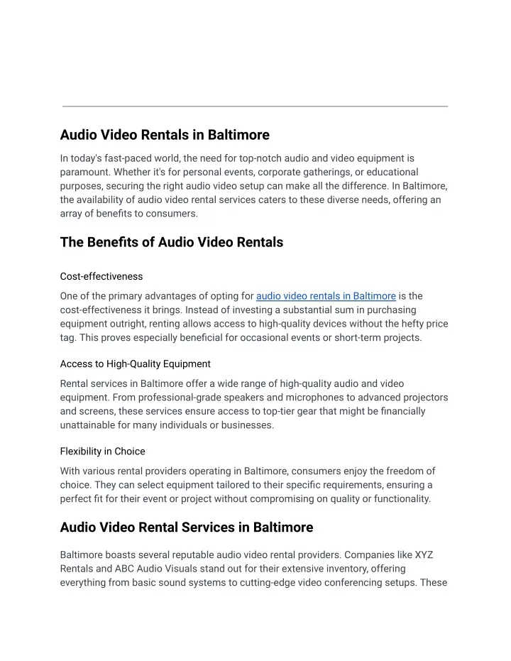 audio video rentals in baltimore