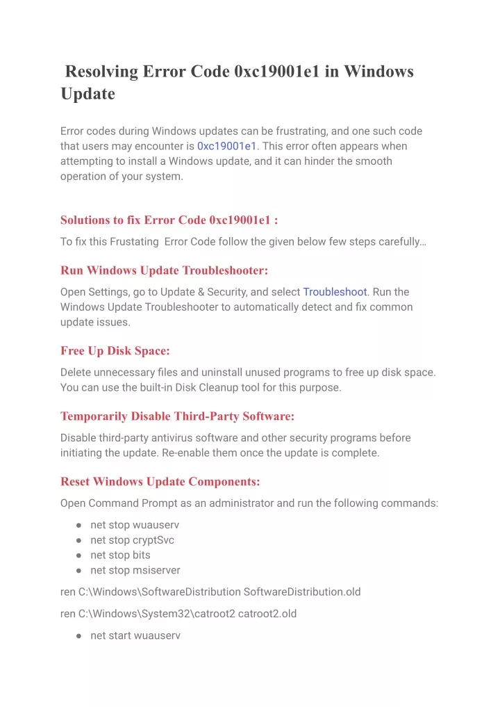 resolving error code 0xc19001e1 in windows update