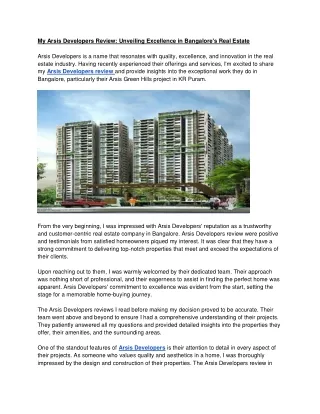 My Arsis Developers Review_ Unveiling Excellence in Bangalore's Real Estate