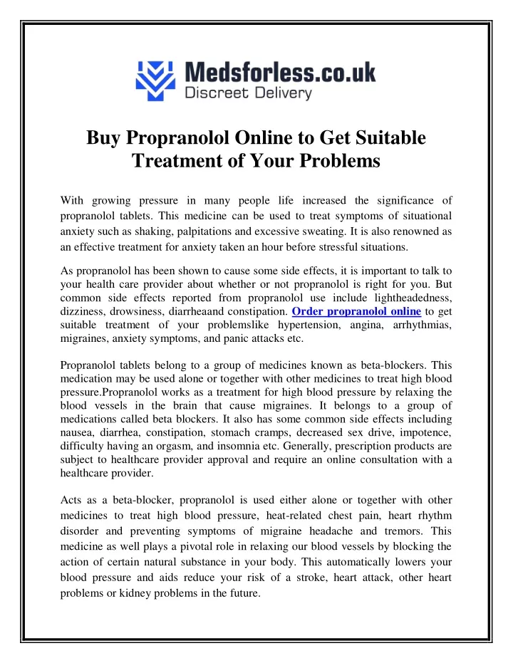 buy propranolol online to get suitable treatment