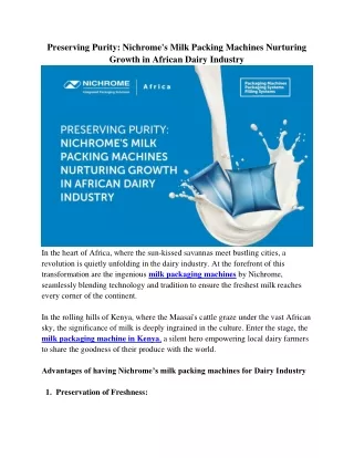 Nichrome's Milk Packing Machines Nurturing Growth in African Dairy Industry