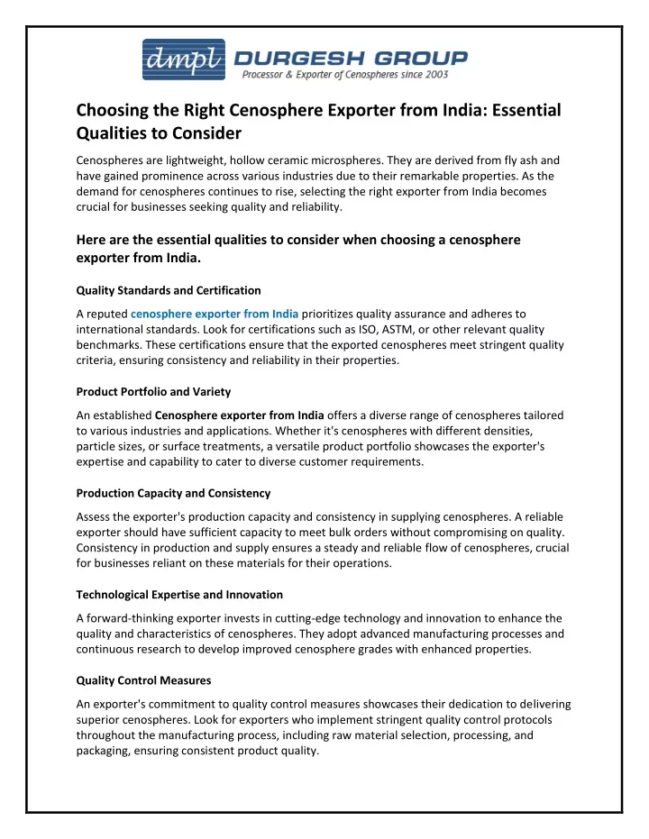 choosing the right cenosphere exporter from india