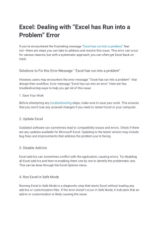 excel dealing with excel has run into a problem