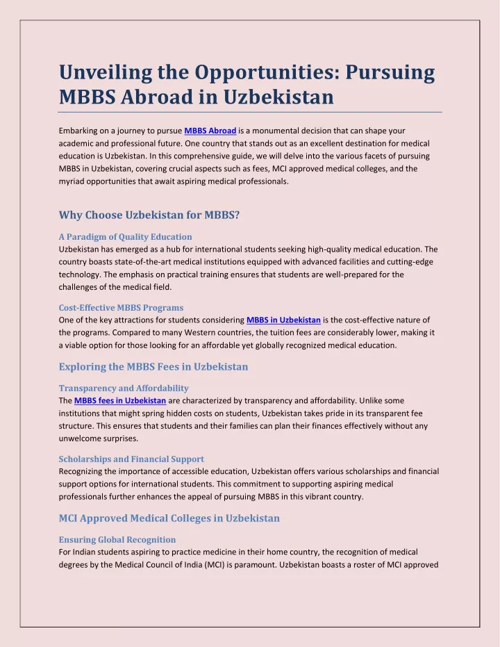 unveiling the opportunities pursuing mbbs abroad