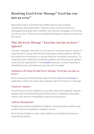 Resolving Excel Error Message” Excel has run into an error”