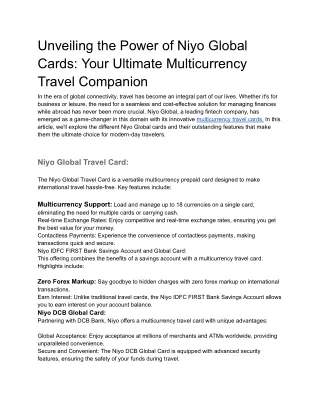 Unveiling the Power of Niyo Global Cards: Your Ultimate Multicurrency Travel Com
