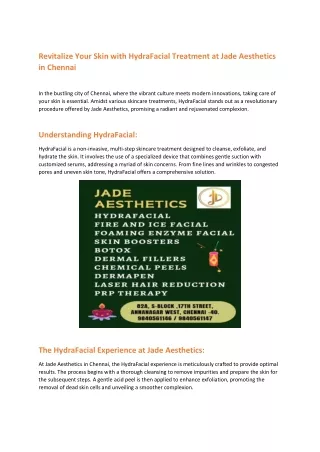 HydraFacial Treatment at Jade Aesthetics in Chennai