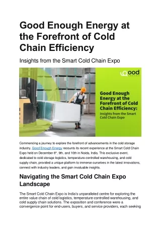 Good Enough Energy at the Forefront of Cold Chain Efficiency