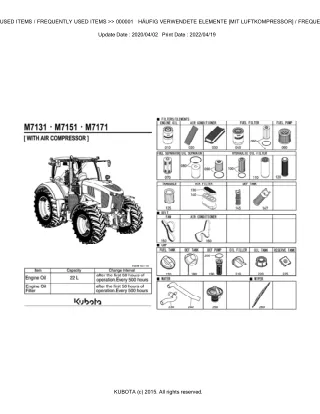 Kubota M7131S Tractor Parts Catalogue Manual (Publishing ID BKIDK5118)