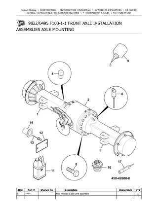 JCB JS145WHRC Wheeled Excavator Parts Catalogue Manual (Serial Number 01789027-01789227)