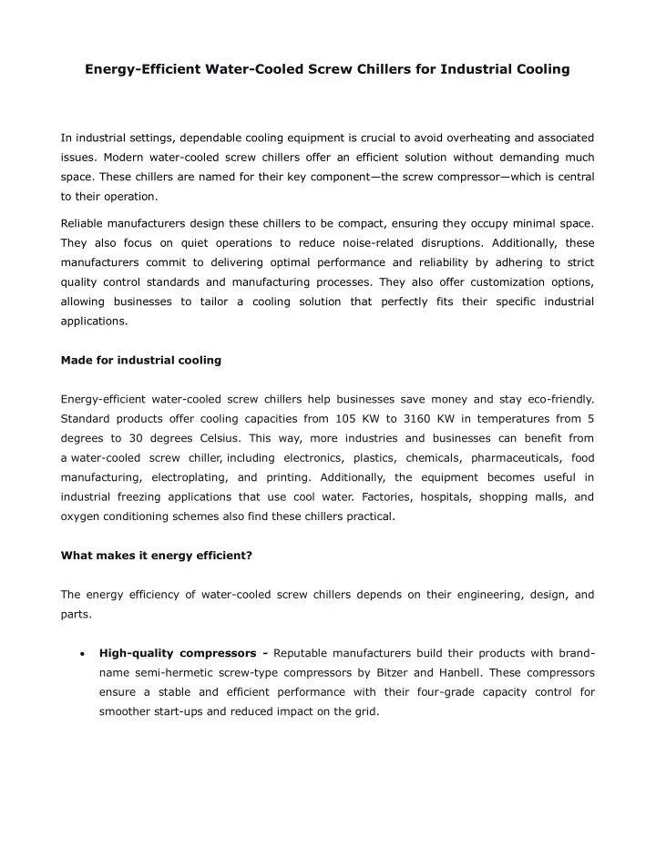 energy efficient water cooled screw chillers