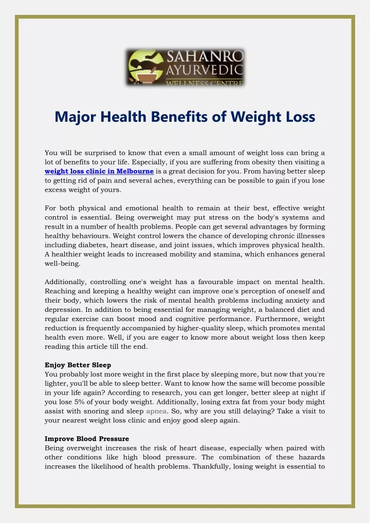 major health benefits of weight loss