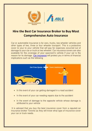 Hire the Best Car Insurance Broker to Buy Most Comprehensive Auto Insurance