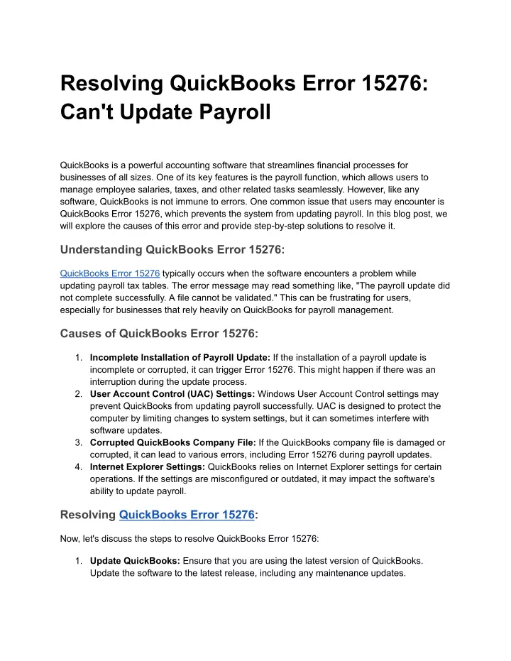 resolving quickbooks error 15276 can t update