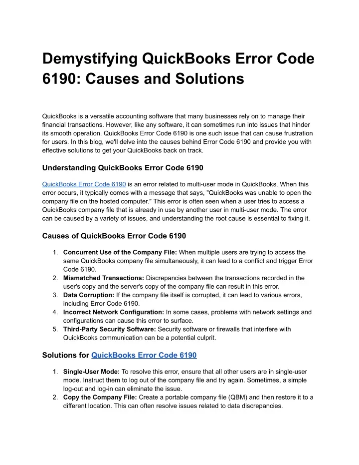 demystifying quickbooks error code 6190 causes