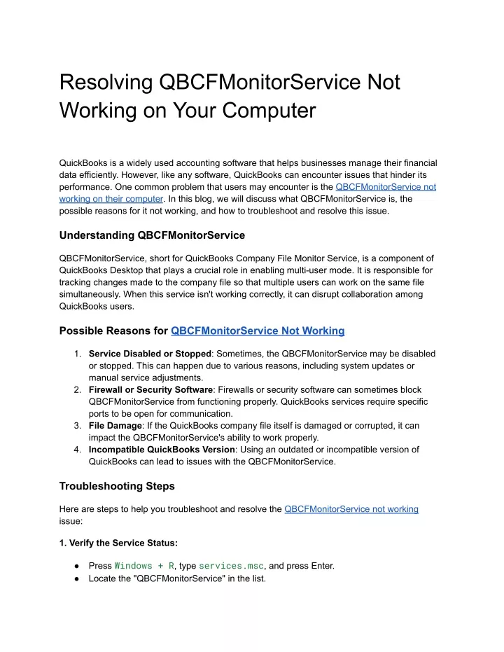 resolving qbcfmonitorservice not working on your
