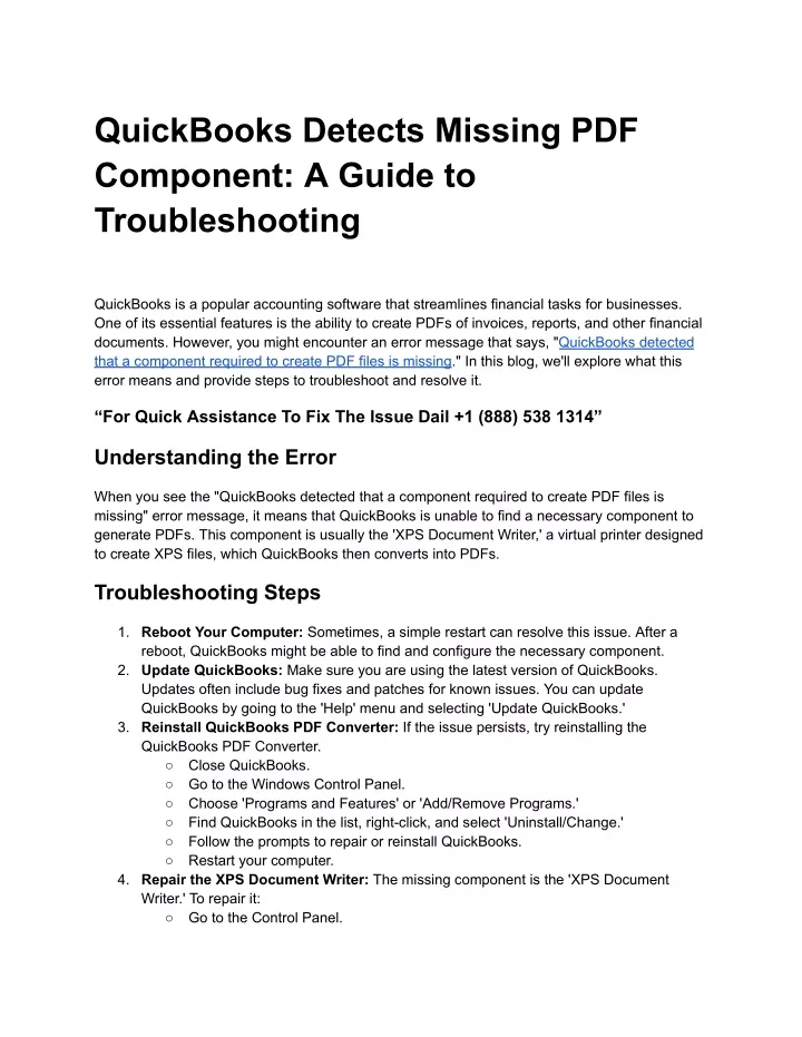 quickbooks detects missing pdf component a guide