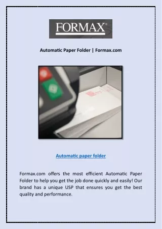 Automatic Paper Folder | Formax.com