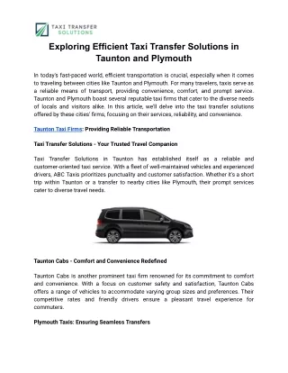 Exploring Efficient Taxi Transfer Solutions in Taunton and Plymouth