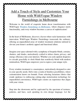 Add a Touch of Style and Customize Your Home with WithVogue Window Furnishings in Melbourne