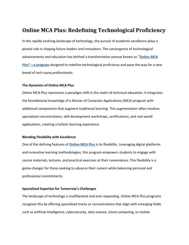 online mca plus redefining technological