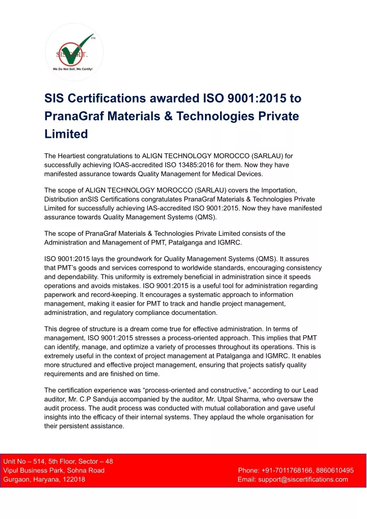 sis certifications awarded iso 9001 2015