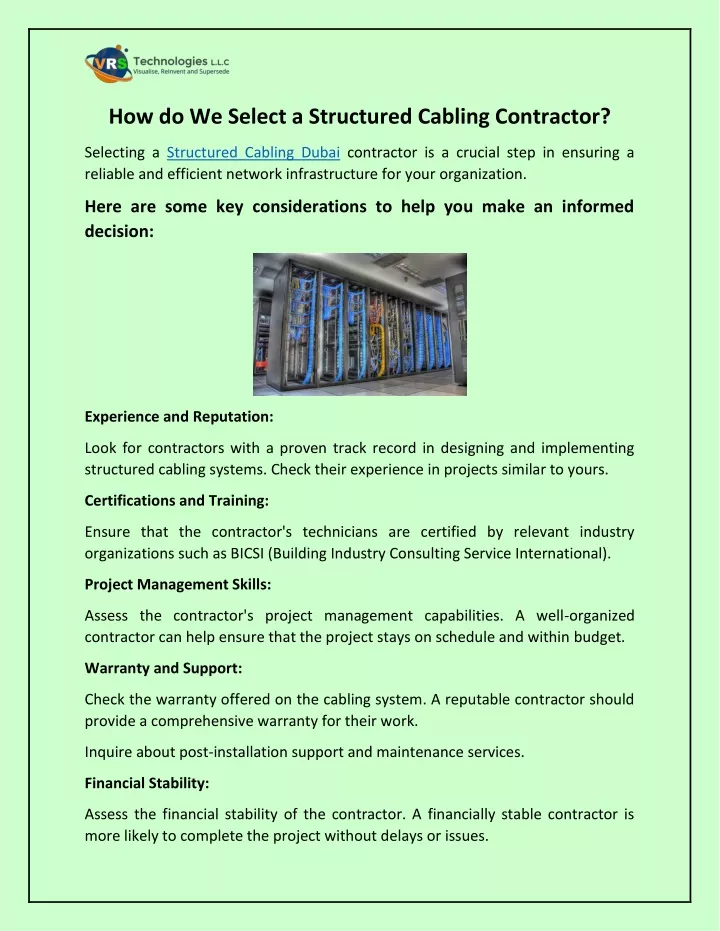 how do we select a structured cabling contractor