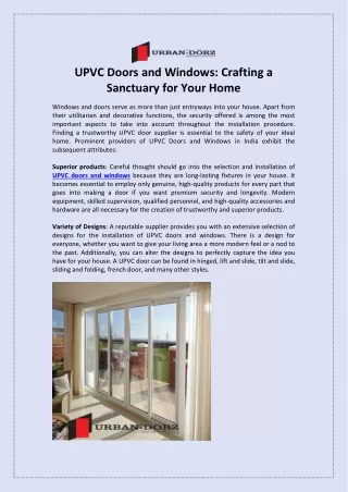UPVC Doors and Windows Crafting a Sanctuary for Your Home