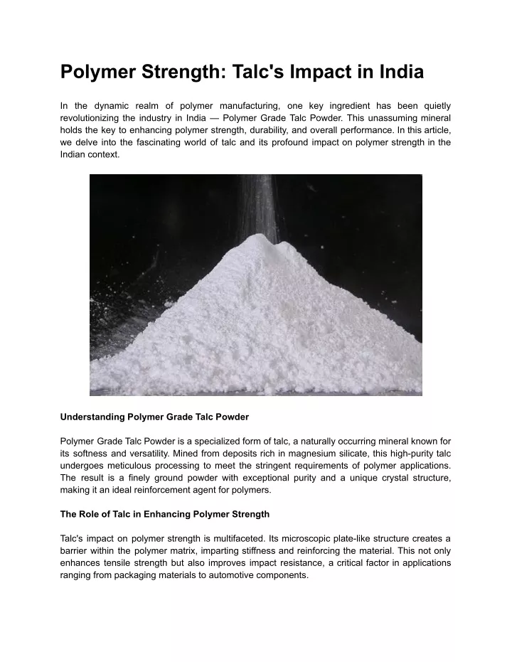 polymer strength talc s impact in india