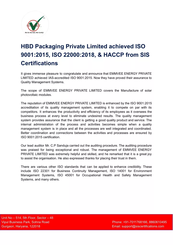 hbd packaging private limited achieved iso 9001