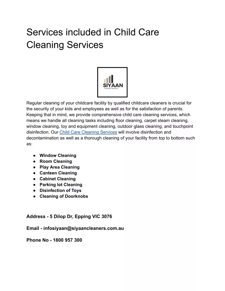 services included in child care cleaning services
