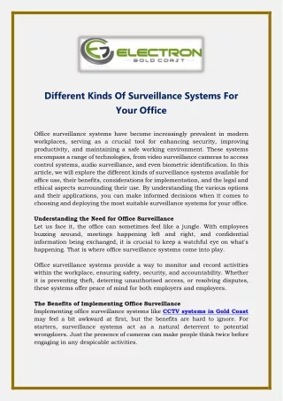 Different Kinds Of Surveillance Systems For Your Office