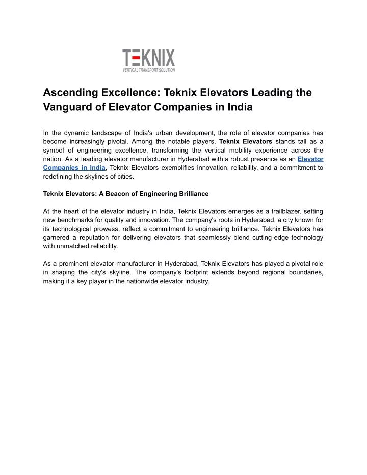 ascending excellence teknix elevators leading