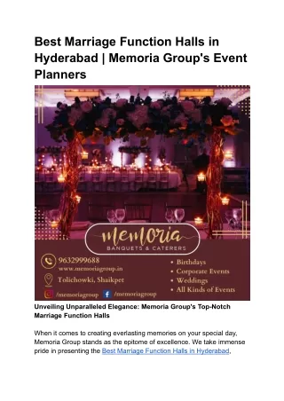 Best Marriage Function Halls in Hyderabad _ Memoria Group's Event Planners