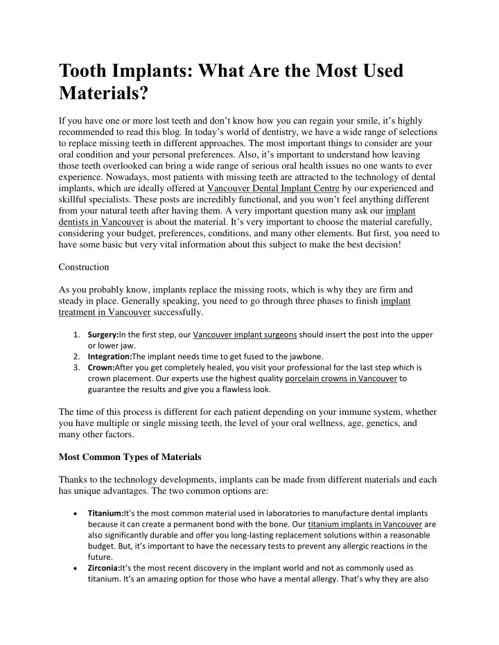 tooth implants what are the most used materials