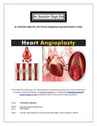 Dr. Ravinder Singh Rao, the Premier Angioplasty Specialist Doctor in India