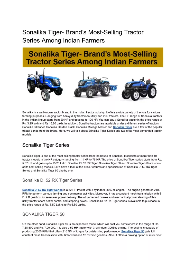 sonalika tiger brand s most selling tractor