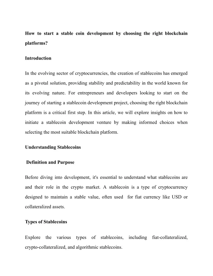 how to start a stable coin development