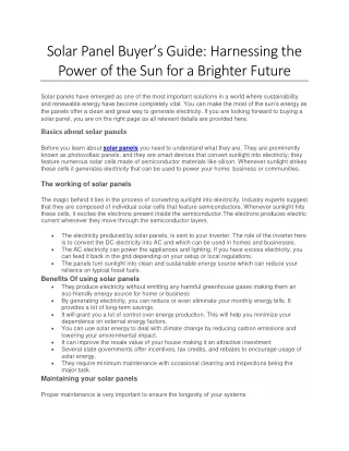 Solar Panel Buyer’s Guide - Harnessing the Power of the Sun for a Brighter Future