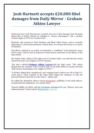 Josh Hartnett accepts £20,000 libel damages from Daily Mirror - Graham Atkins Lawyer