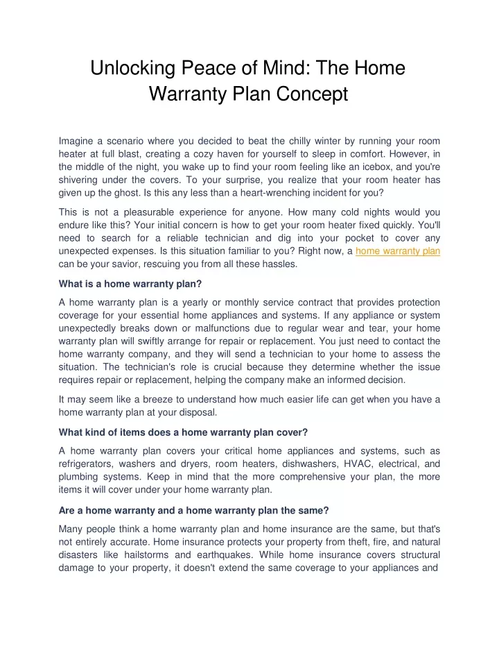 unlocking peace of mind the home warranty plan concept