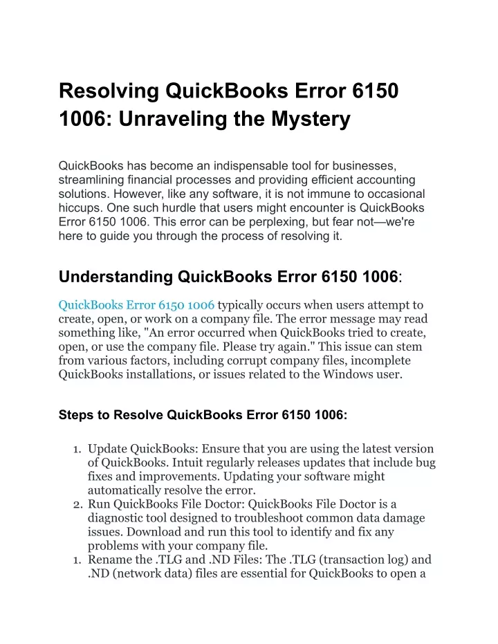 resolving quickbooks error 6150 1006 unraveling