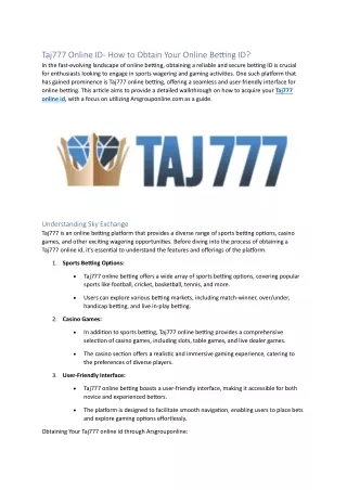 Taj777 Online ID- How to Obtain Your Online Betting ID
