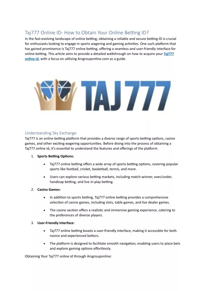 taj777 online id how to obtain your online