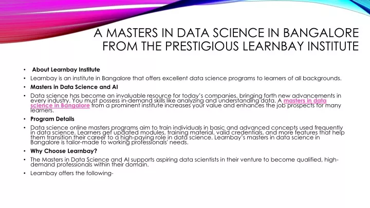 a masters in data science in bangalore from the prestigious learnbay institute